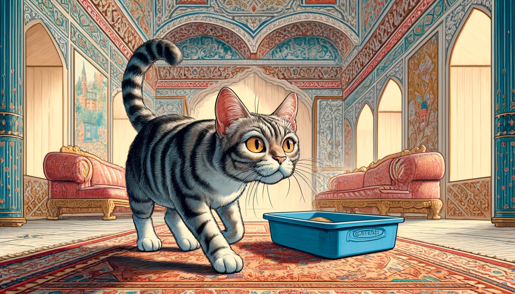 Cartoon depiction of a cat detecting the scent of its litter box from afar in an Ottoman art styled room.
