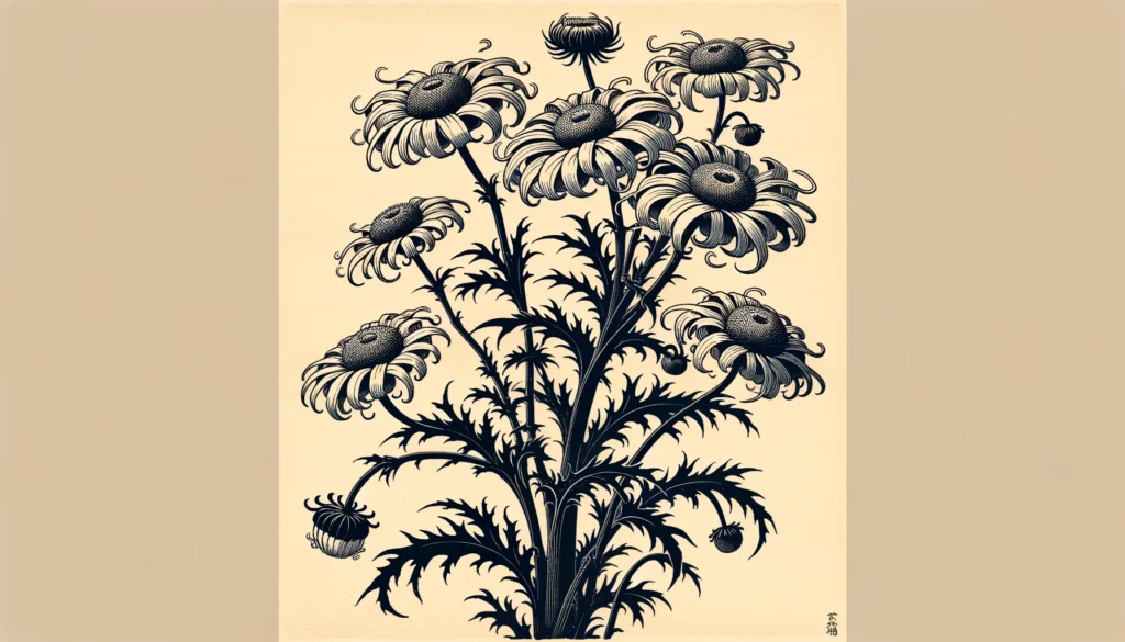 Ukiyo-e style illustration of a Poison Daisy plant with a creamy background.