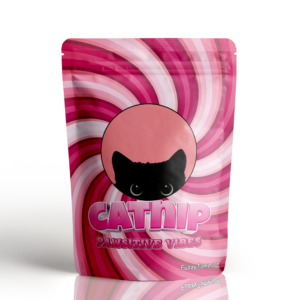 Pawsitive Vibes Catnip with Black Cat Logo on Pink Spiral Packaging