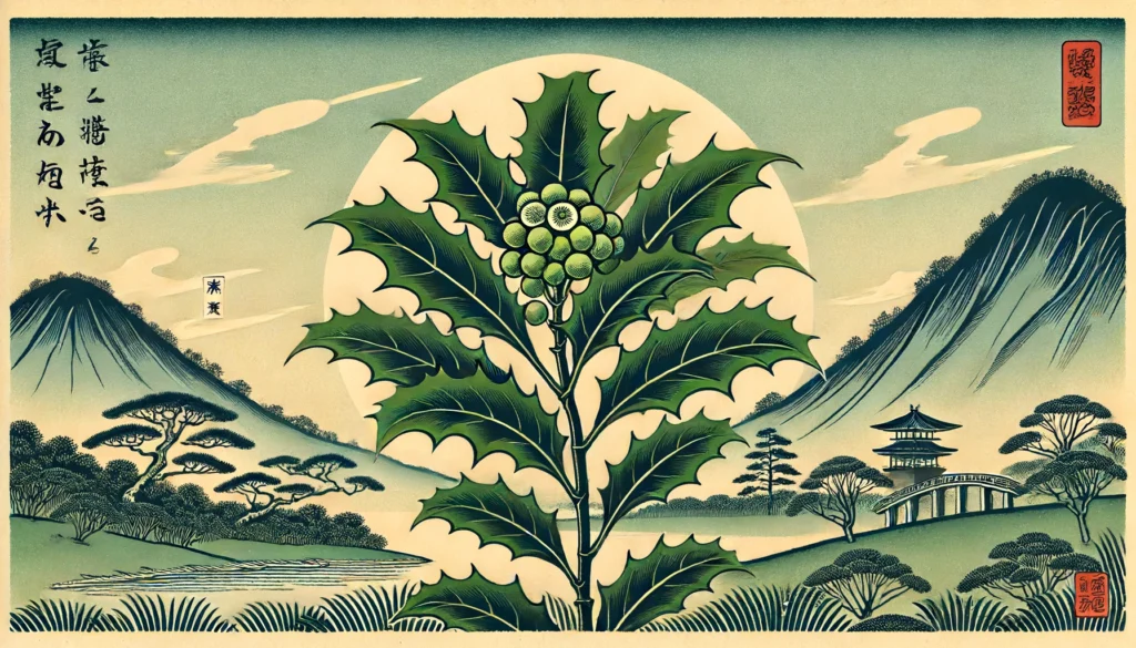Illustration of an American Holly plant in Ukiyo-e style