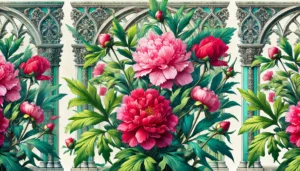 Peony plant with lush green leaves and vibrant pink flowers in front of intricate gothic architecture.