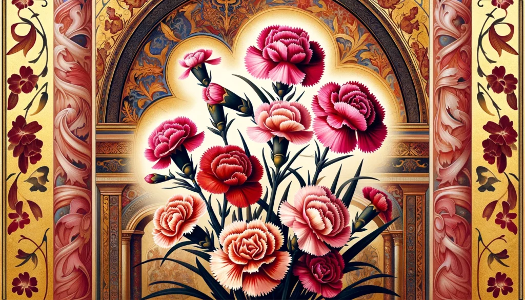 Byzantine-style illustration of a carnation plant