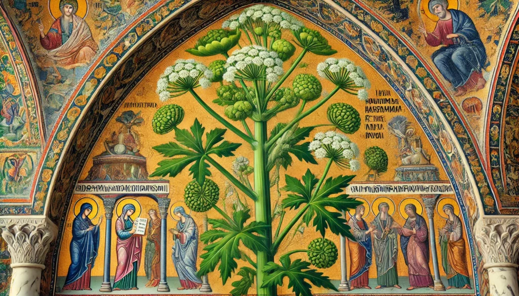 Byzantine-style illustration of a Cow Parsnip plant with tall green stalks, large leaves, and clusters of small white flowers.