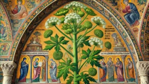 Byzantine-style illustration of a Cow Parsnip plant with tall green stalks, large leaves, and clusters of small white flowers.