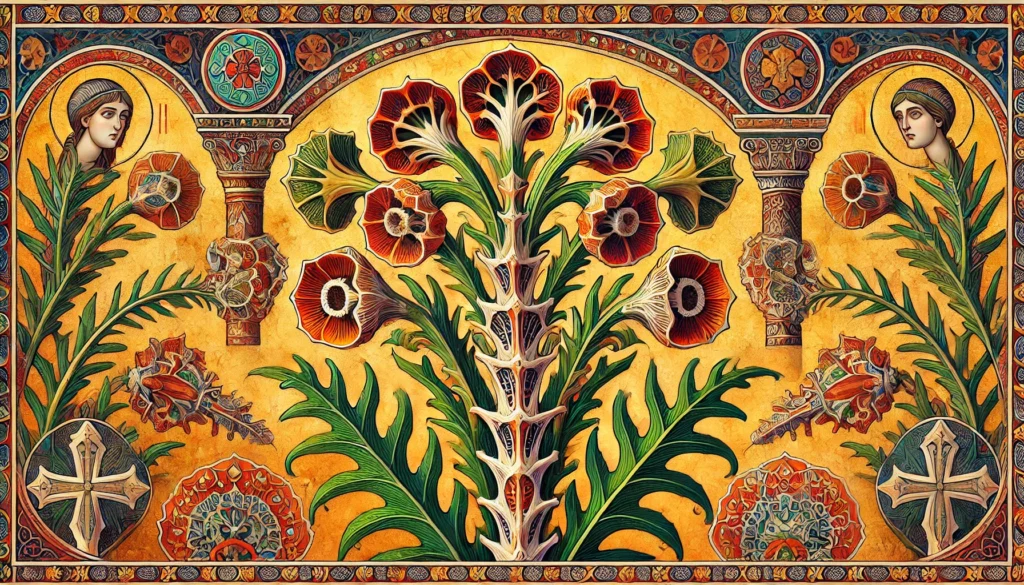 Byzantine-style illustration of a Devil’s Backbone plant with intricate patterns