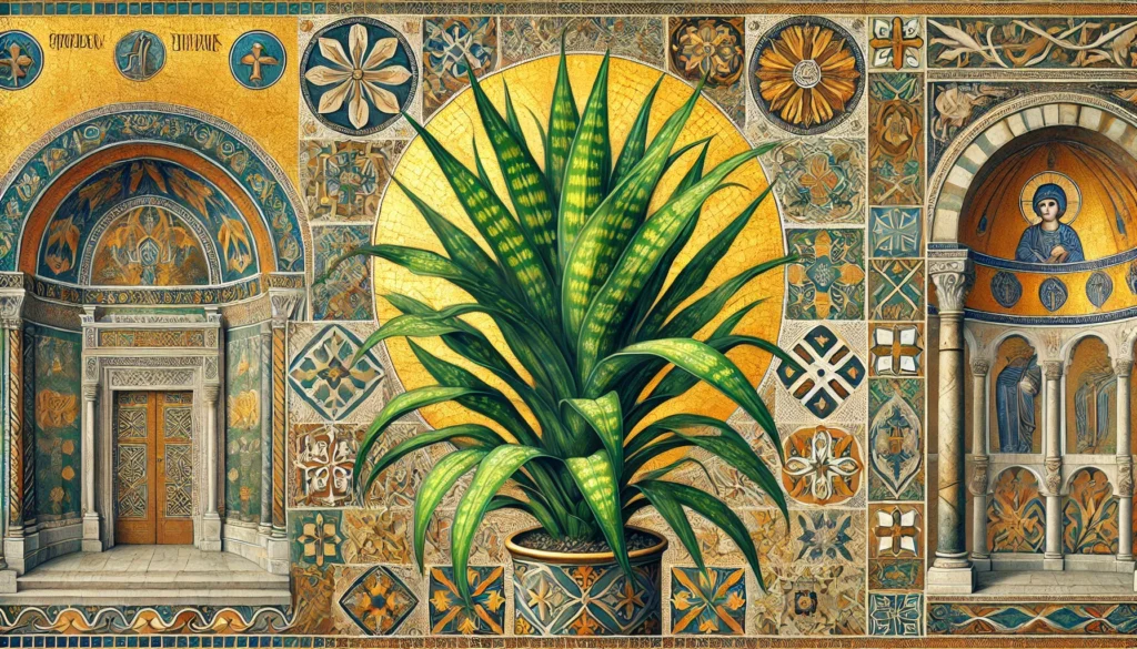 Gold Dust Dracaena depicted in Byzantine art style with intricate patterns.