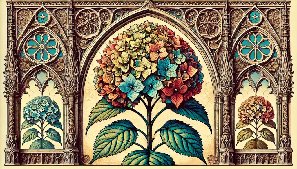 Gothic-style illustration of a Hortensia plant