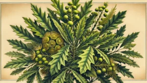 Illustration of the Jerusalem Oak plant with lush green leaves and small spherical yellow-green flowers.