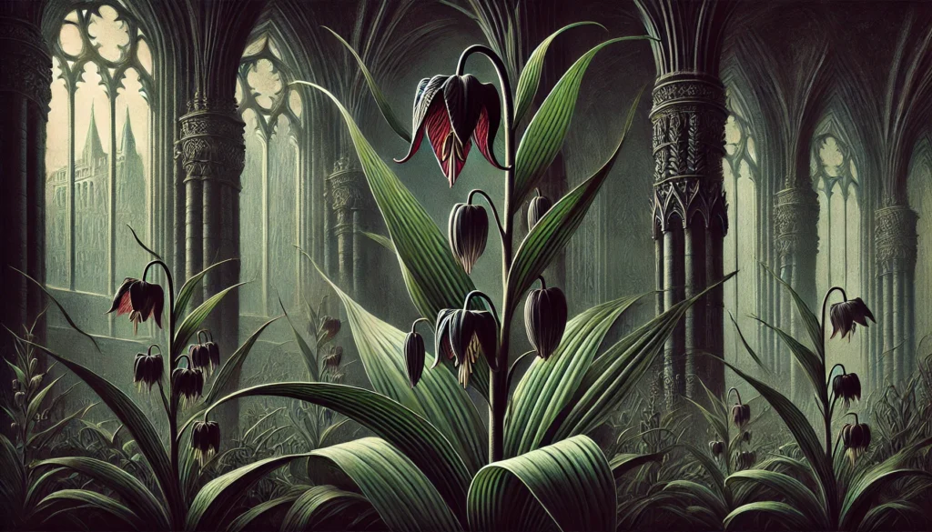 Gothic-style artistic depiction of a Snake Lily plant (Dracunculus vulgaris) with intricate detailing.