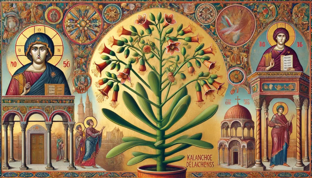 Byzantine-style illustration of a Kalanchoe Delagoensis plant with cylindrical leaves and small plantlets