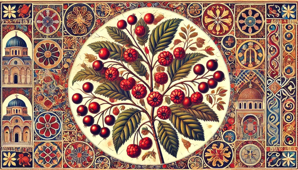 Byzantine art style illustration of a choke cherry plant.
