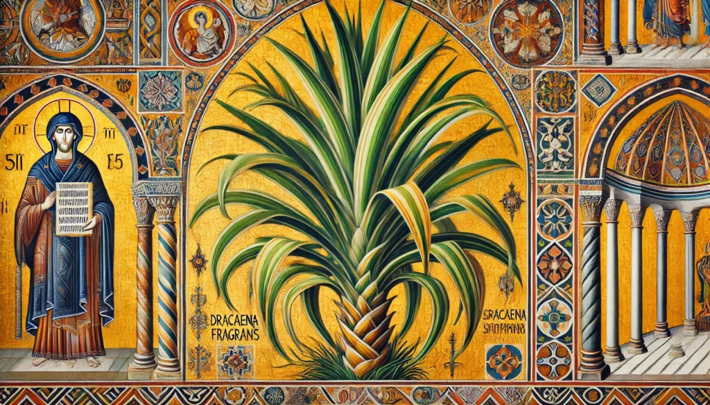 Byzantine-style illustration of a Dracaena fragrans plant with tall green stalks and broad green leaves with yellow stripes.