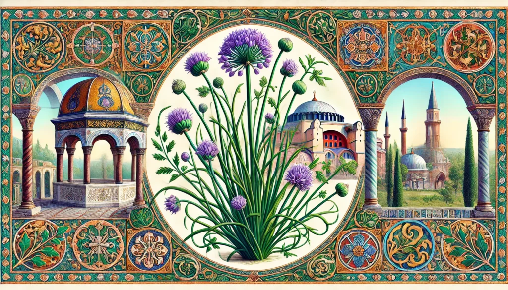 Byzantine-style illustration of a Chive plant with slender green leaves and purple flower clusters