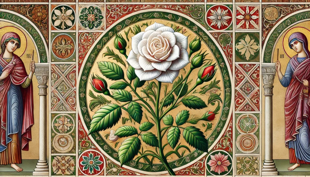 Byzantine art style illustration of a Christmas Rose plant.