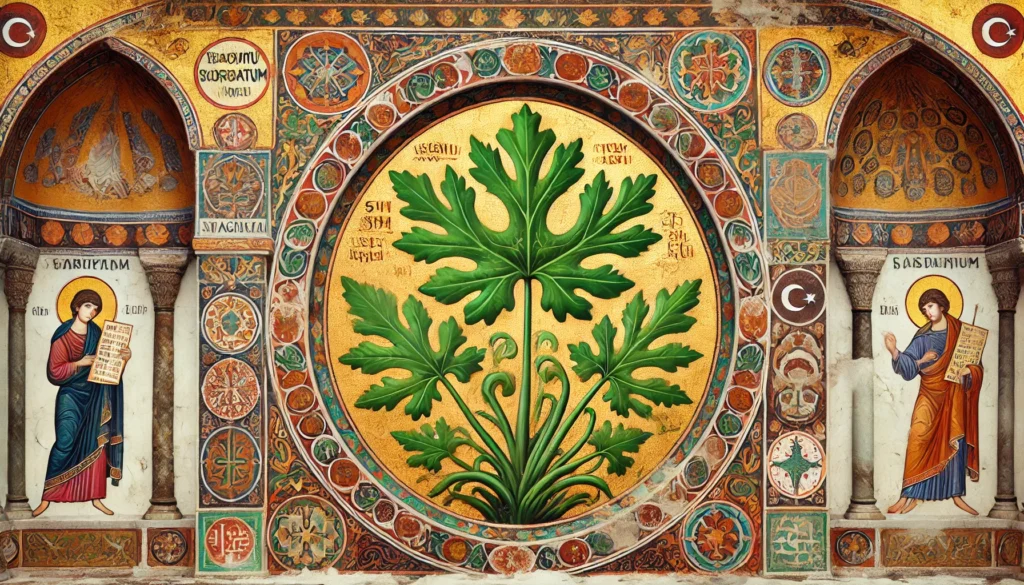 Byzantine-style illustration of a Cordatum plant with heart-shaped green leaves.
