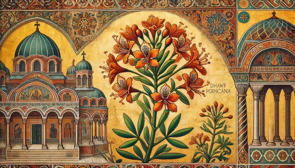 Byzantine Art Style Illustration of a Dwarf Poinciana Plant