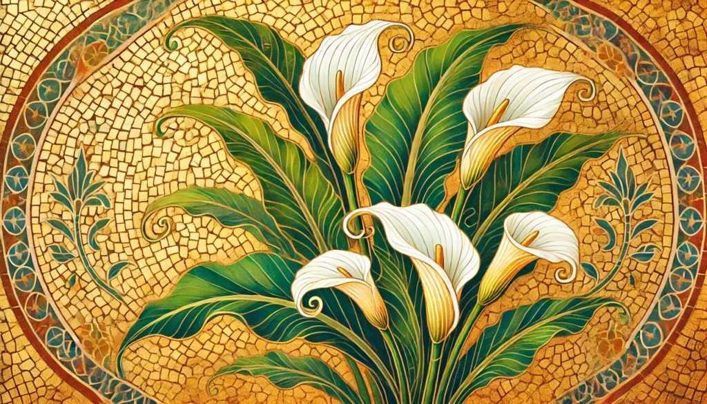 Byzantine-style illustration of a Florist's Calla with white flowers and green leaves