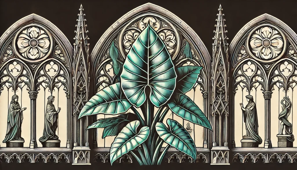 Gothic-style illustration of a Horsehead Philodendron plant