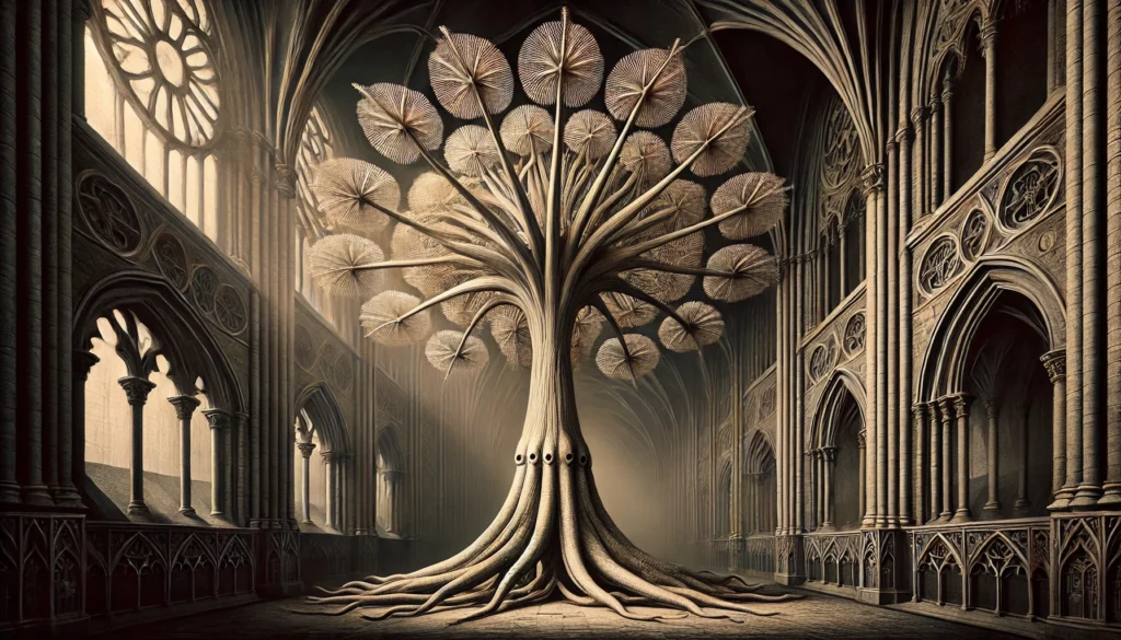 Gothic-style artistic depiction of an Octopus Tree (Schefflera actinophylla) with intricate detailing.