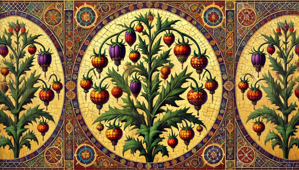 Byzantine-style illustration of deadly nightshade with intricate patterns