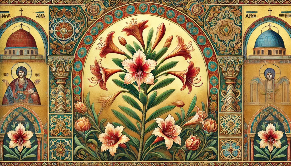 Byzantine-style illustration of a Desert Azalea with intricate patterns