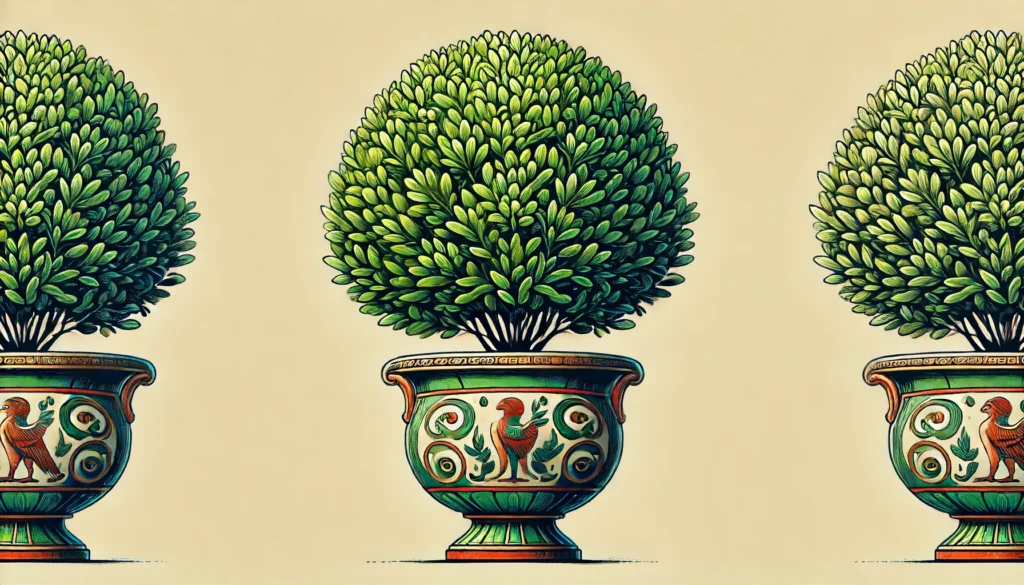 Ancient Egyptian styled illustration of a boxwood plant in a decorative pot.