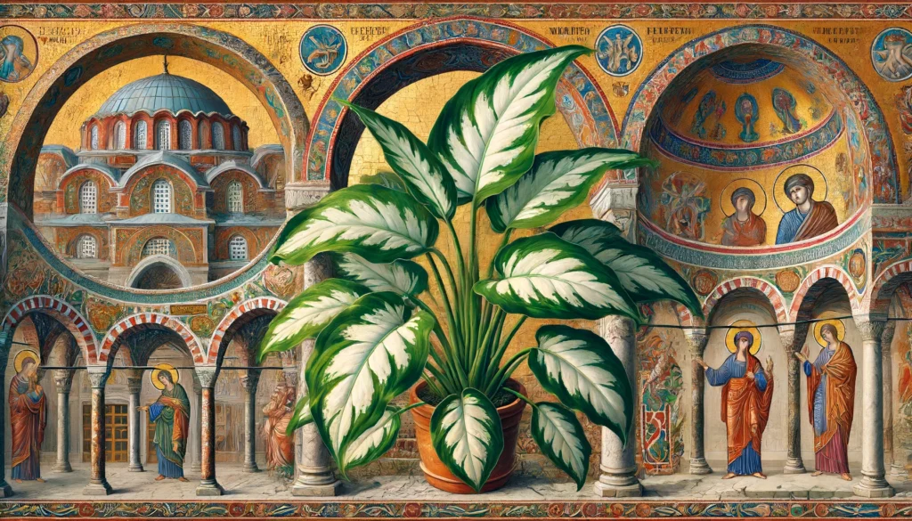 Byzantine-style illustration of a Dieffenbachia plant with variegated leaves