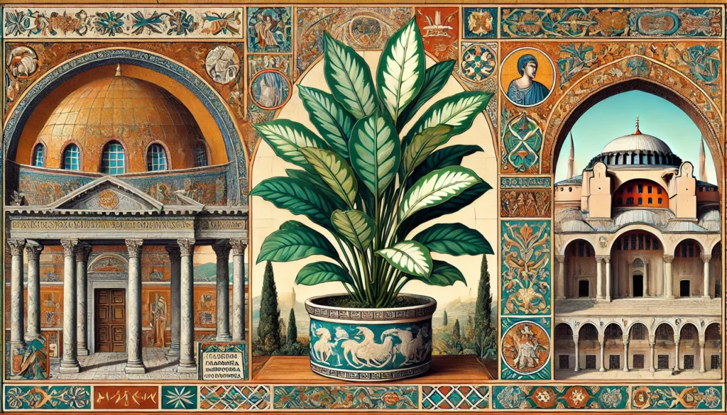 Byzantine-style illustration of a Chinese Evergreen plant with broad, variegated leaves