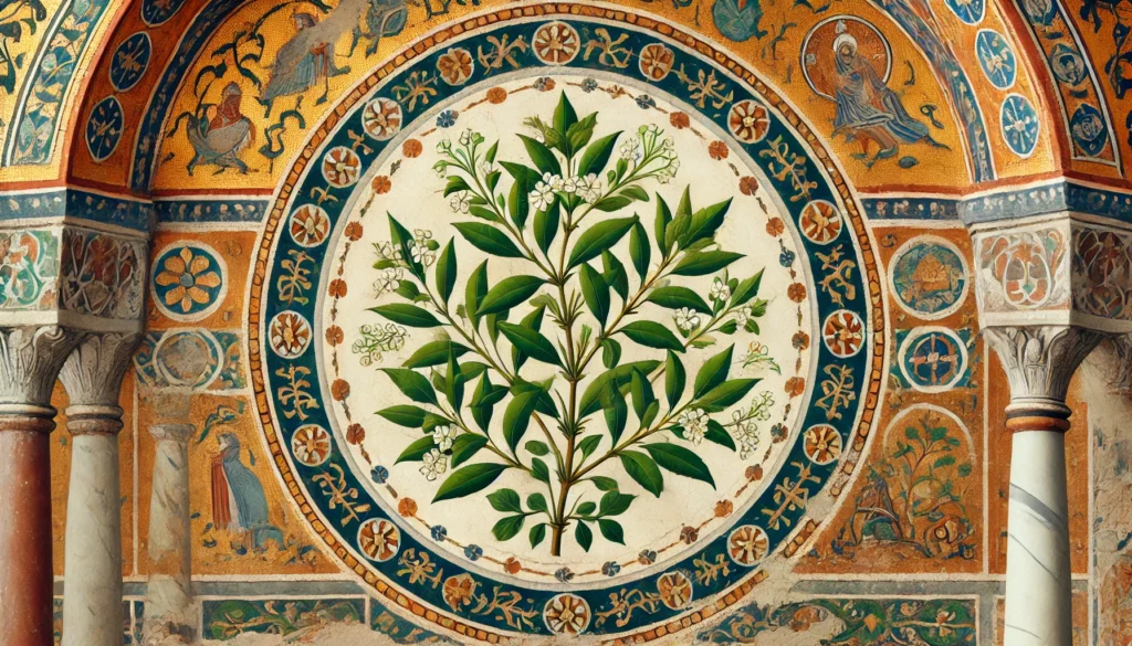 Byzantine-style illustration of a common privet plant with green leaves and small white flowers.