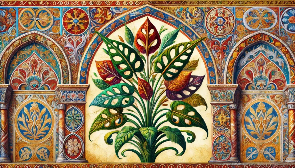 Byzantine-style illustration of Scindapsus pictus plant.