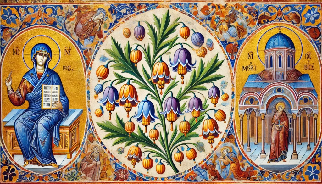 Byzantine art style depiction of a Fetter Bush with clusters of small, bell-shaped flowers