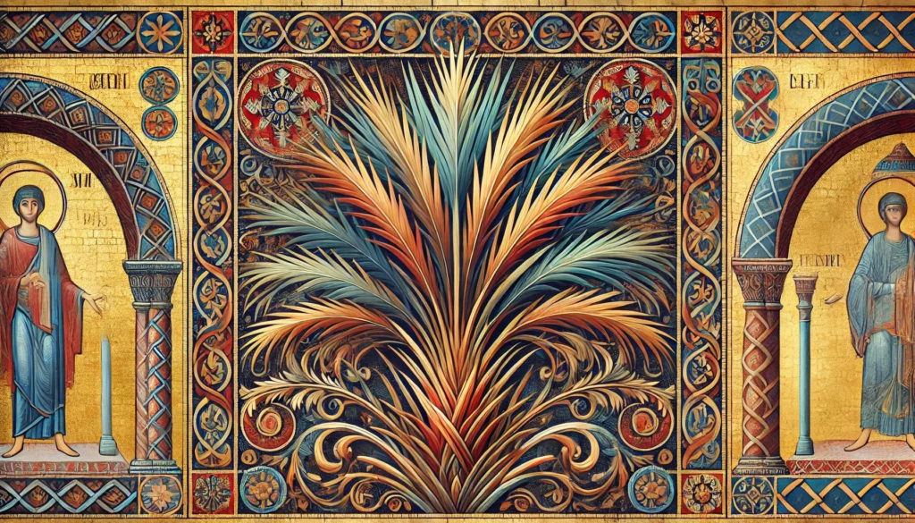 Byzantine art style illustration of a grass palm with intricate patterns and a mosaic-like background