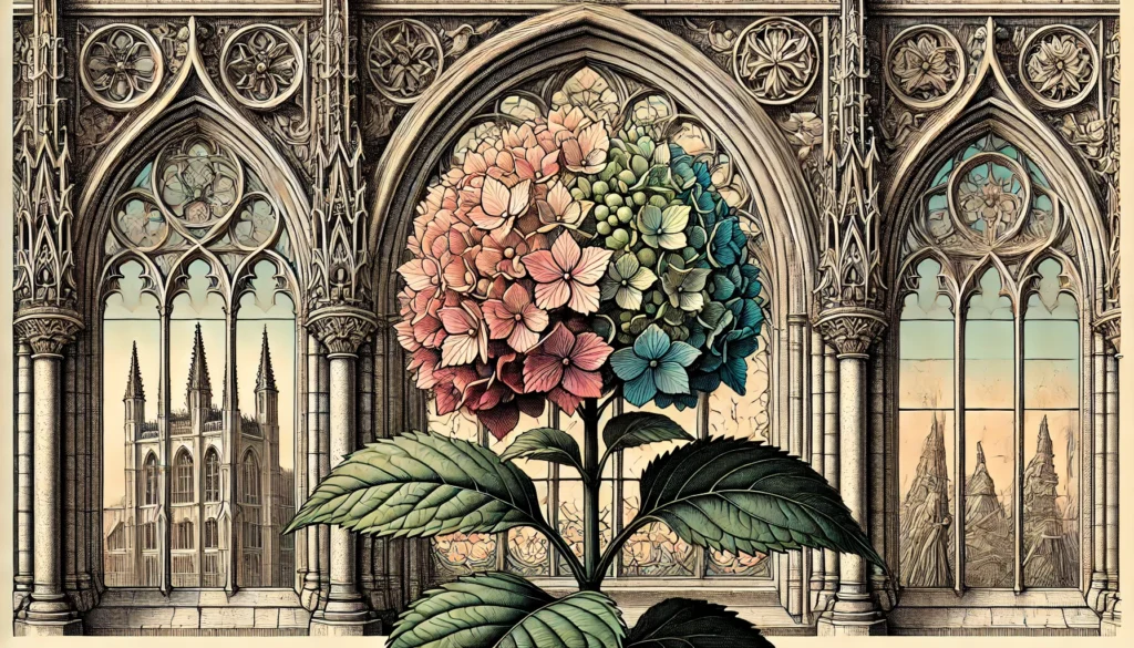 Gothic-style illustration of a Hydrangea plant