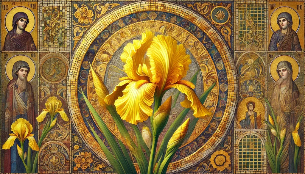 Yellow Flag Iris depicted in Byzantine art style, with intricate details and a rich color palette
