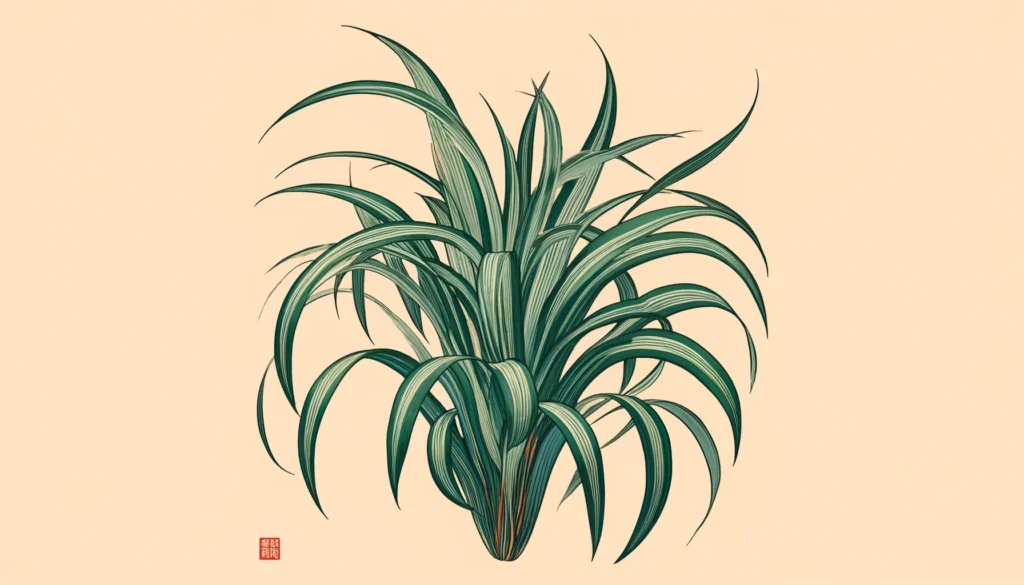 Ukiyo-e style illustration of a Straight-Margined Dracaena with a soft peach background