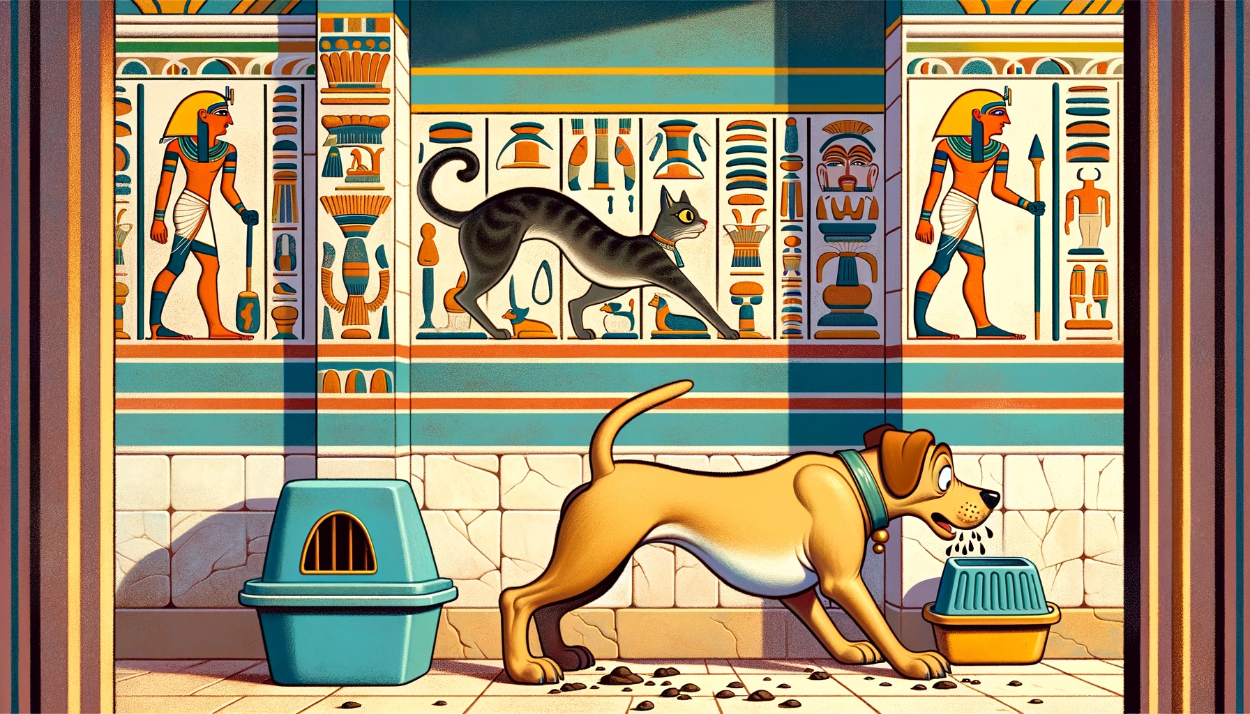 Cartoon dog sneakily eating from a cat's litter box in Egyptian Ptolemaic style.