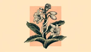 Detailed Ukiyo-e style depiction of an Adam and Eve plant from a unique angle with a light peach background.