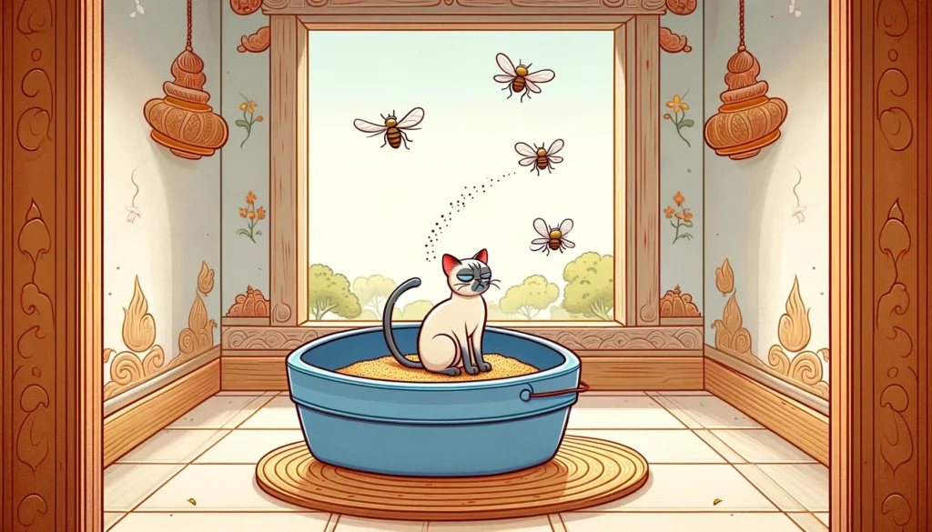 Flies hovering around a cat litter box in a Classical Hindu-Buddhist art style.