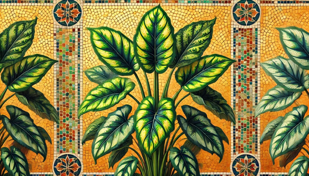 Byzantine-style illustration of a Florida Beauty plant with green and yellow variegation