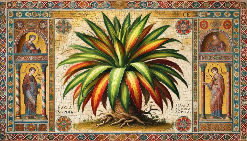 Giant Dracaena plant illustrated in Byzantine Art style