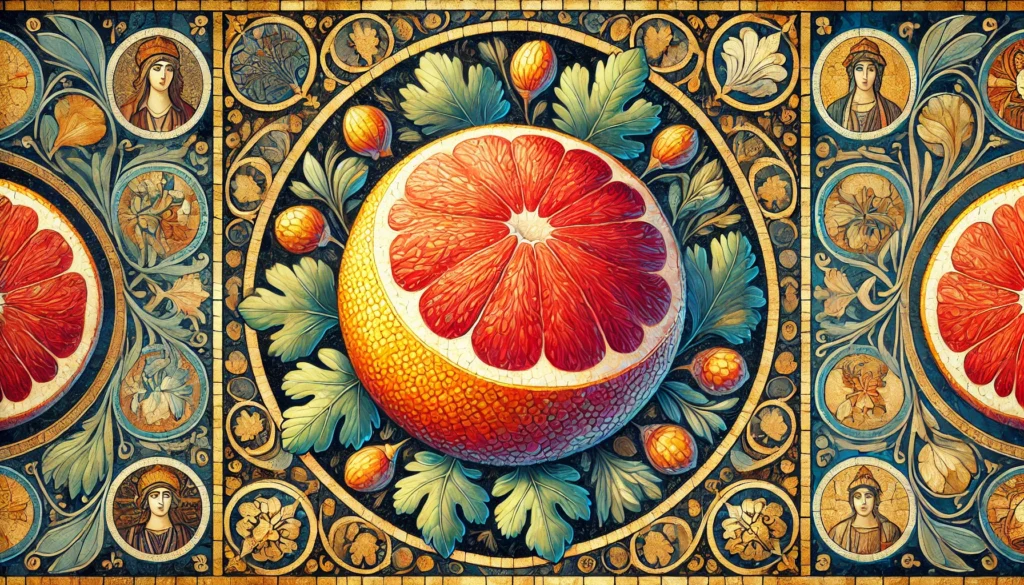 Byzantine art style illustration of a grapefruit with intricate patterns and a mosaic-like background