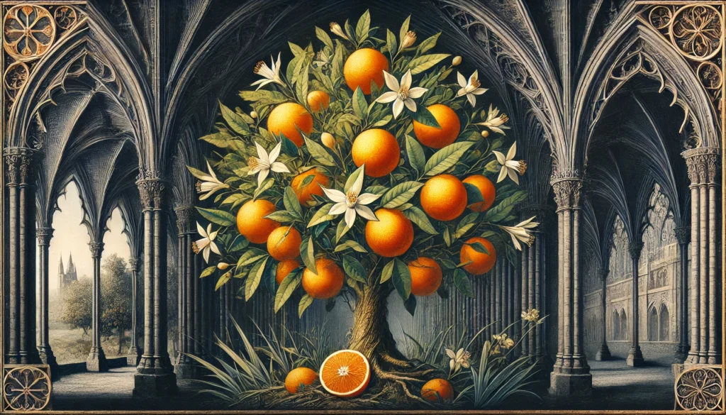 Gothic-style artistic depiction of an Orange tree (Citrus sinensis) with intricate detailing.