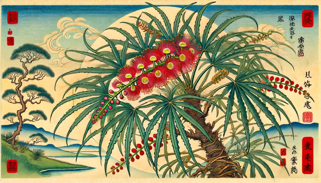 Australian Ivy Palm in Ukiyo-e art style with red flower clusters