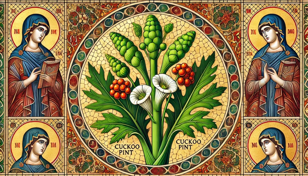 Byzantine art style illustration of a Cuckoo-pint plant with broad leaves, green spadix, and vibrant red berries against an intricate mosaic background.