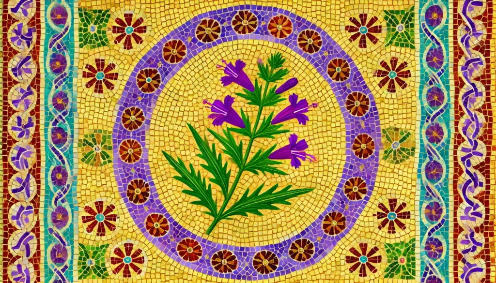 Fleabane depicted in Byzantine art style, with intricate details and a rich color palette