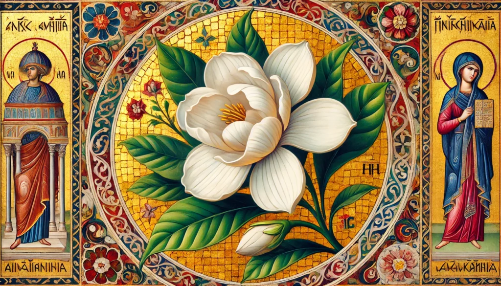 Gardenia flower illustrated in Byzantine Art style