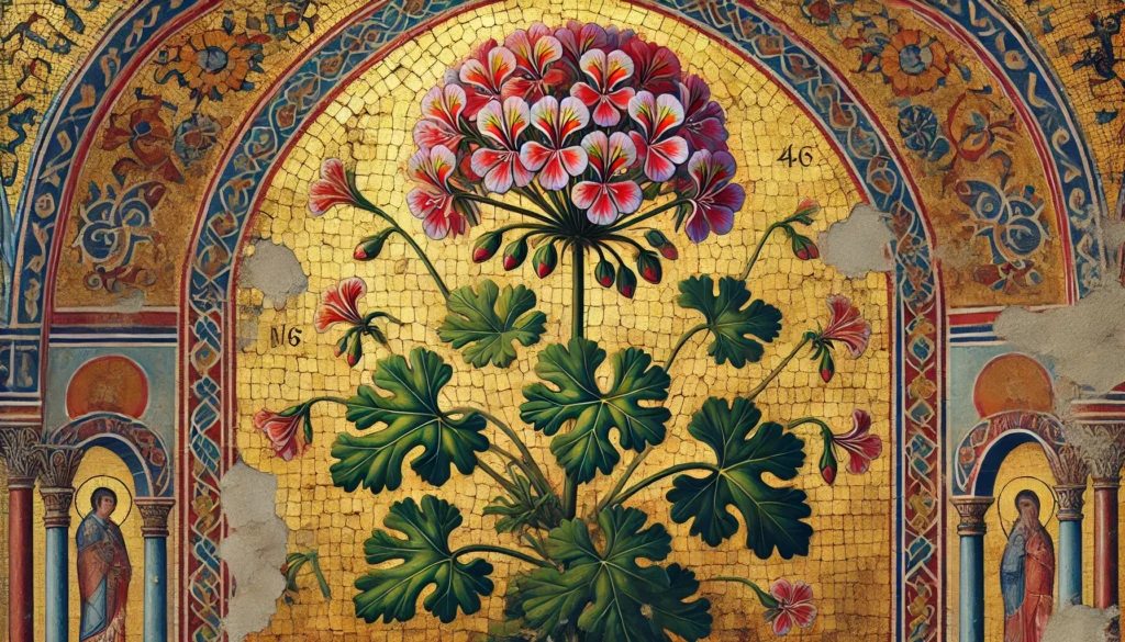 Geranium plant illustrated in Byzantine Art style