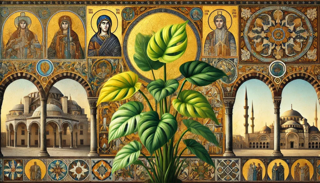 Golden Pothos plant in Byzantine art style