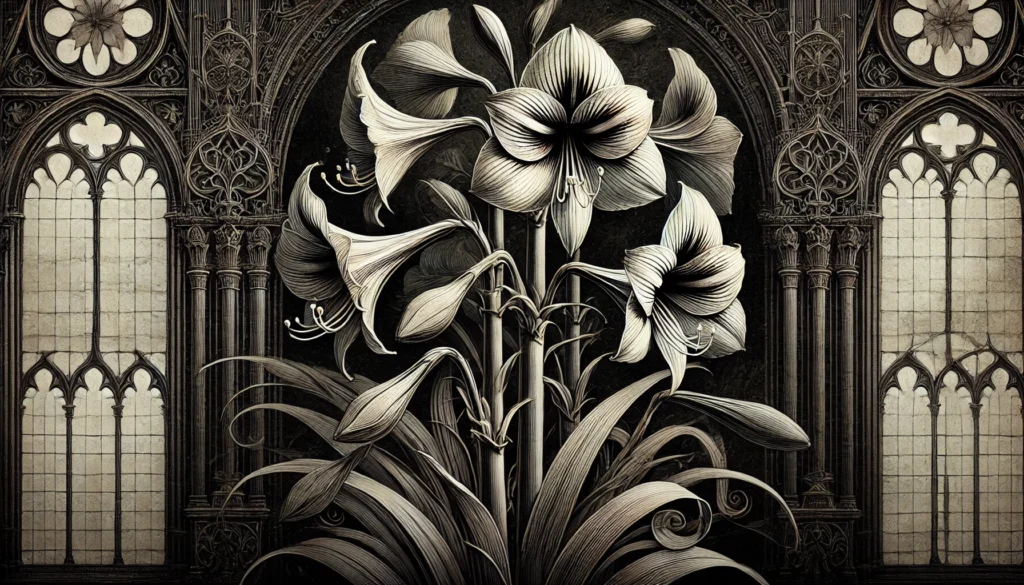 Gothic-style artistic depiction of a Naked Lady plant (Amaryllis belladonna) with intricate detailing.