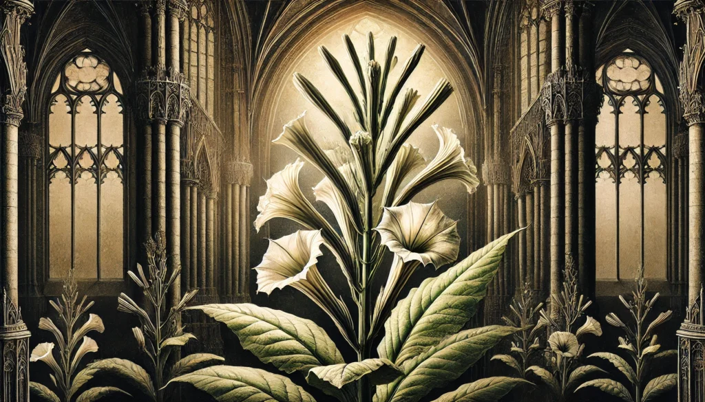 Gothic-style artistic depiction of a Nicotiana plant (tobacco plant) with intricate detailing.